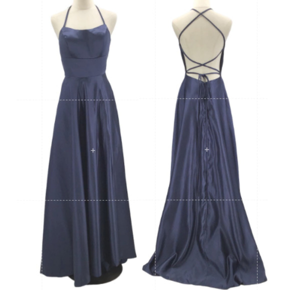 FORMAL PARTY 8 M navy blue satin backless lace up Aline gown maxi dress NEW B108 - Picture 1 of 10